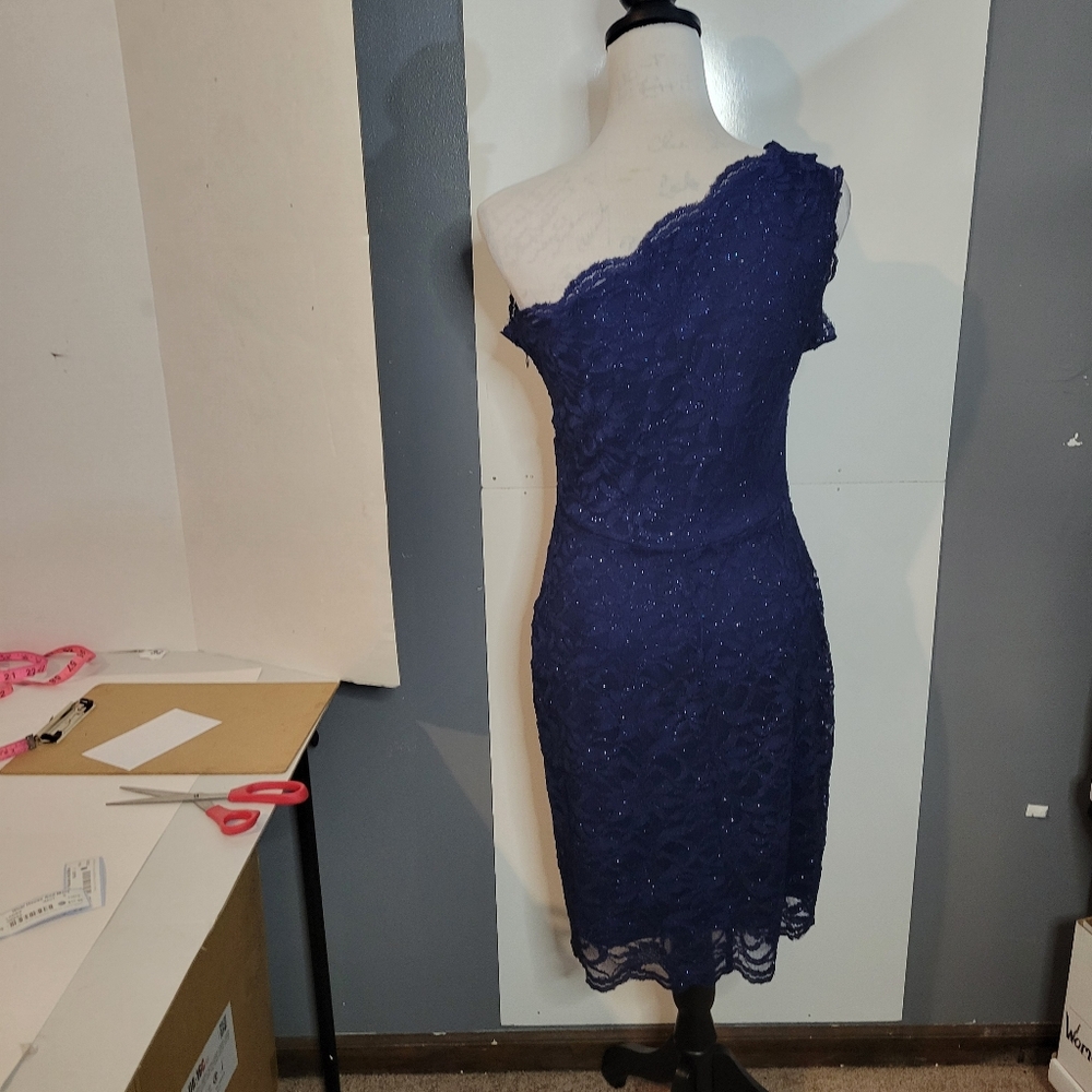 Roz & Ali Navy Blue One Shoulder Lace Dress Size 6 - Picture 8 of 11